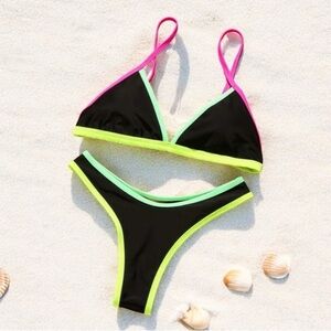 ROMWE Black & Neon Pink Green Yellow Color Block Bikini Swimsuit - WS